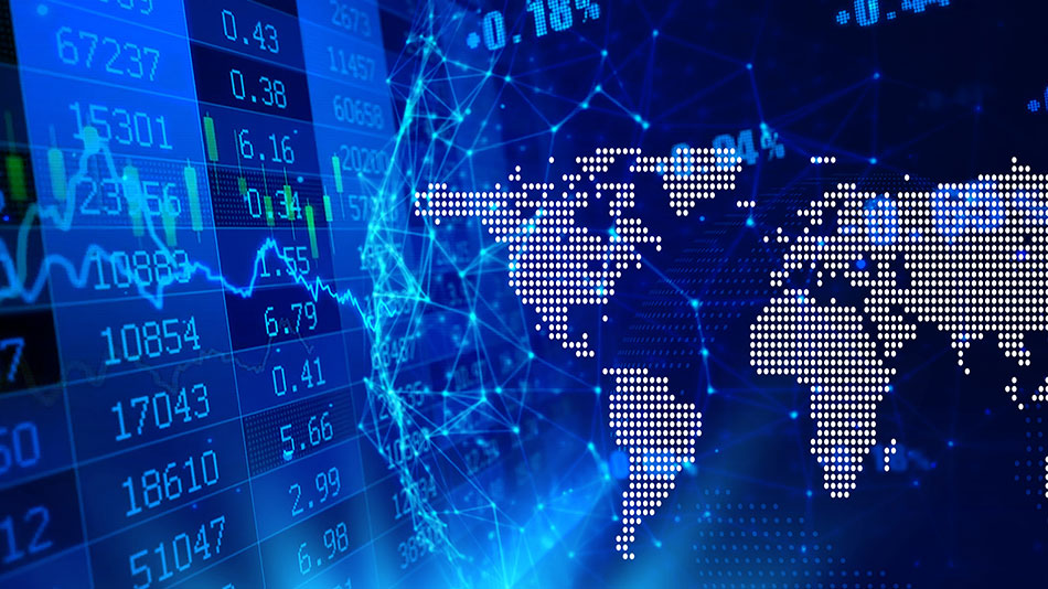 Image of a digital world map superimposed over a digital image of a lighted board displaying stock prices